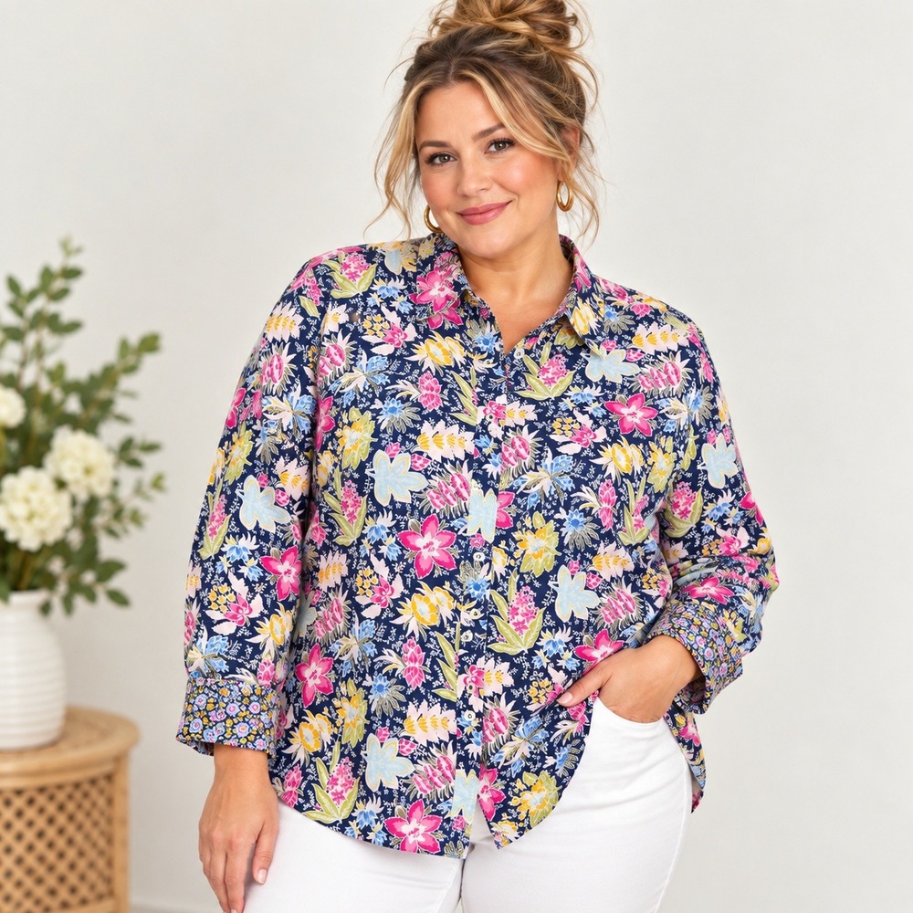 Talbots Plus Button Down Blouse Women 2X Navy Floral Cotton Long Sleeve Tropical